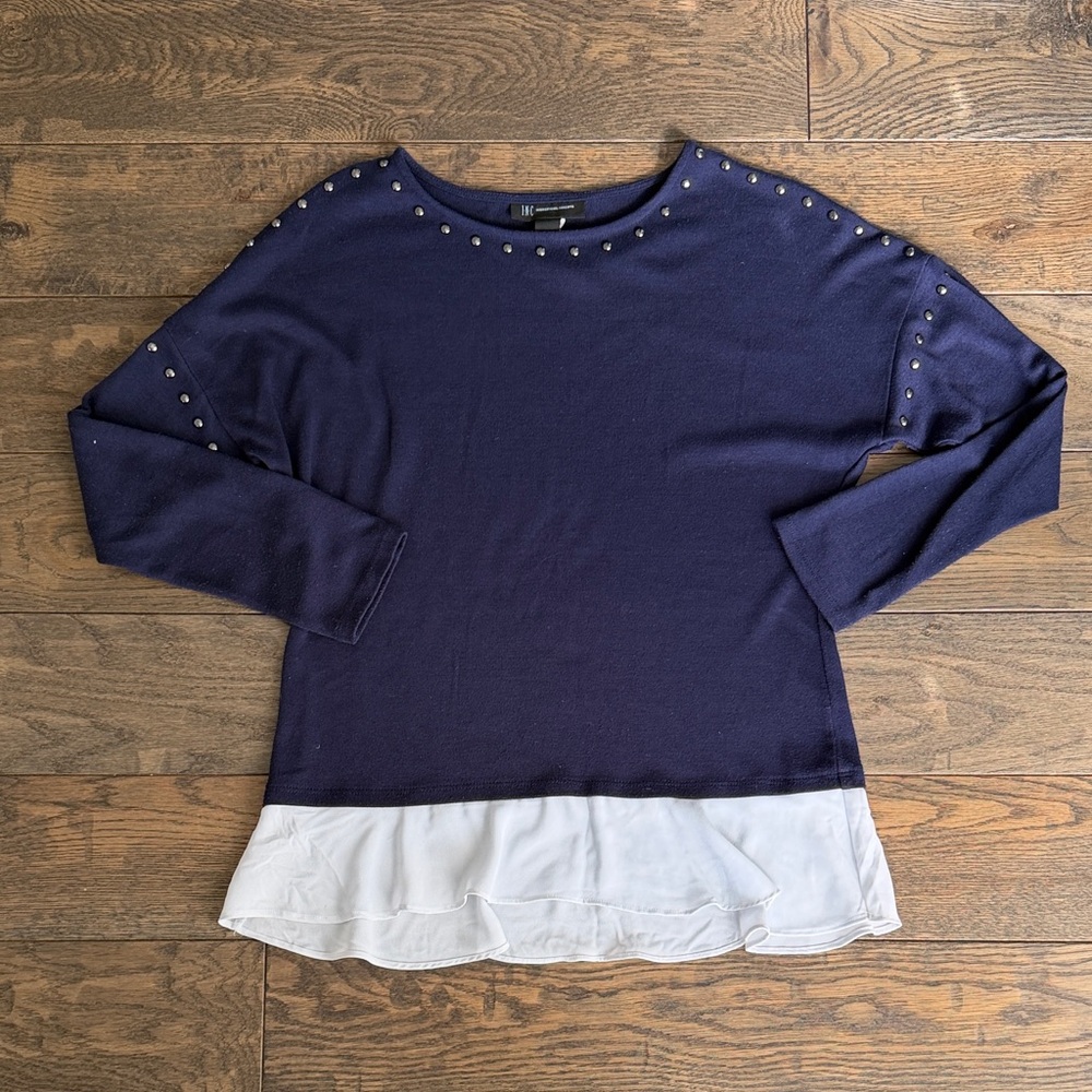 INC Navy knit sweater with white blouse bottom